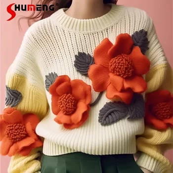 Женский коричневый трикотажный свитер Пальто Популярный продукт Японский отдых Мягкие и удобные Милые цветы Свитера Пуловеры