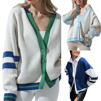 Женский модный кардиган в контрастную полоску Свободный кардиган-свитер