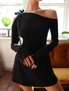 Женское платье с длинным рукавом и наклонным воротником с открытыми плечами ночной клуб наряд для леди сращивание с высокой талией и бедрами сексуальные мини-платья