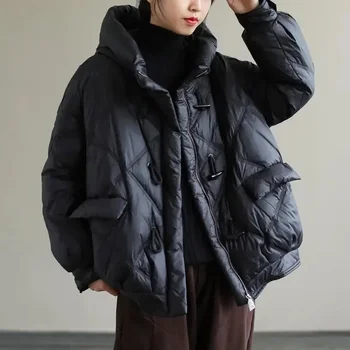  Женщины Винтаж Парки с капюшоном Однотонные теплые пальто 2023 Зима Новые топы с длинным рукавом Женская одежда на молнии Плюс хлопчатобумажная верхняя одежда