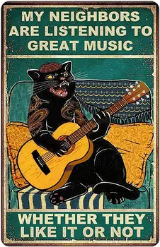 Забавная гитара черного кота металлическая жестяная табличка - мои соседи слушают отличную музыку - ретро винтажная рок-музыка настенный декор для
