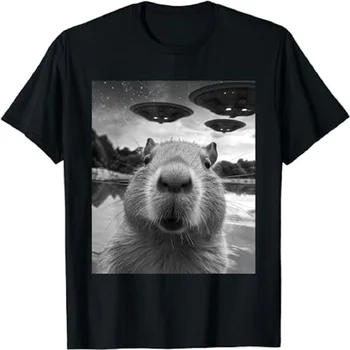 Забавная графическая футболка с капибарой Селфи с НЛО Странная футболка