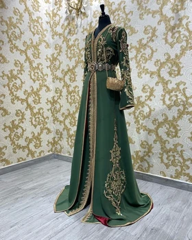 зеленый марокканский кафтан мусульманские вечерние платья А-силуэта V-образный вырез с длинными рукавами Аппликации Дубай Арабский Турция Кафтан Исламское платье