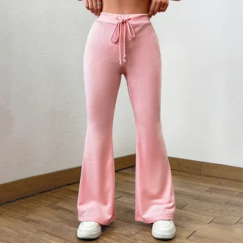  Зимние розовые широкие брюки с высокой талией Повседневные свободные для женщин 2023 Длинные брюки на шнурке Y2k Уличные брюки с прямыми штанинами