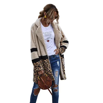 Зимняя теплая пэчворк леопардовая женская одежда с воротником пальто модное шерстяное длинное верхняя одежда с карманами em*
