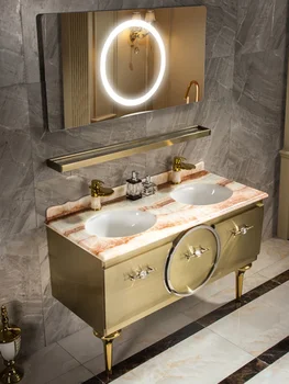  индивидуальный светлый роскошный шкаф для ванной комнаты из нержавеющей стали Индивидуальный умывальник для ванной комнаты Silent Style Golden Double