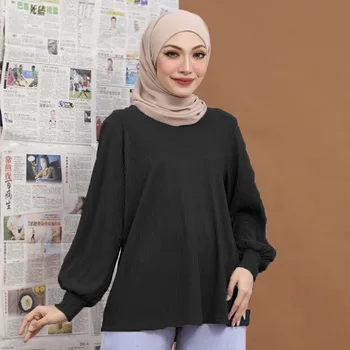 Ислам Абая Кафтан Плиссированная ткань Новая свободная однотонная рубашка с длинным рукавом Пальто Мусульманская одежда Свободная рубашка Женский топ