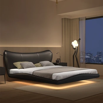 Итальянская минималистичная подвесная кровать Современный минималистичный Water Wave Silent Style Кожаная двуспальная кровать для главной спальни 2023 Новинка