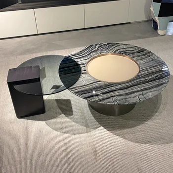 Итальянский минималистичный мраморный журнальный столик Комбинация Современная дизайнерская гостиная Круглый креативный чайный столик из закаленного стекла