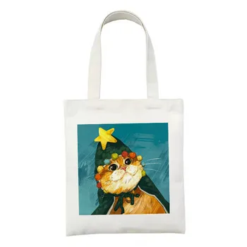  Картина маслом Котенок Сумка для печати Экологичная сумка через плечо Большая винтажная сумка для покупок Продуктовая сумка Tote