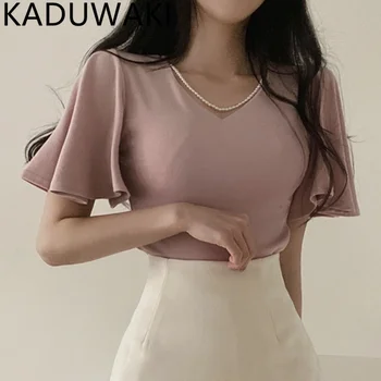 Корейская футболка с оборками для женщин темперамент V-образный вырез расклешенный топ с коротким рукавом Приталенный крой Укороченная розовая футболка Ropa Mujer 2024