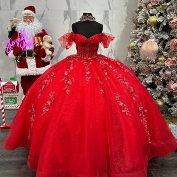 Красный 2024 Quinceanera Платья Возлюбленная Бальное платье Принцесса Платье на день рождения Аппликация Кружевные бусины Tull Sweet 16 vestidos de 15