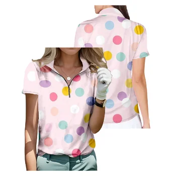  Красочные точки Дизайн Рубашка для гольфа с коротким рукавом Дышащая быстросохнущая полумолния Топы Мода Уличная одежда Женская спортивная одежда