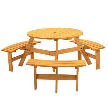  Круглый деревянный стол для пикника на открытом воздухе на 6 человек для патио, заднего двора, сада, DIY с 3 встроенными скамейками, вместимостью 1720 фунтов - натуральный