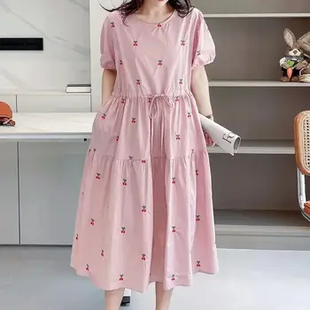 Летние платья для женщин Японский стиль y2k Мода с коротким рукавом Розовый вишневый вышивка Цельное платье Kawaii Одежда