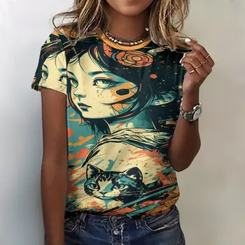 Летняя женская футболка Ретро Аниме Кошка Графический абстрактный импрессионизм Печать Футболка с коротким рукавом Футболки для женщин Ежедневно