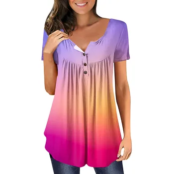 лето женская футболка модная печать градиент харадзюку футболка свободная футболка для женщин одежда новый топ с коротким рукавом на пуговицах и шея
