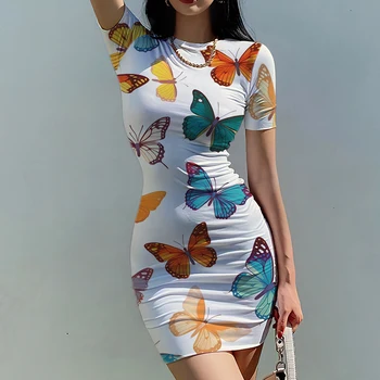 Лето новое женское тонкое платье бабочка 3D-печатное платье леди платье мода красивая леди тонкое платье тренд повседневная леди тонкое платье