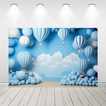 Мальчик 1-й день рождения Фон Воздушные шары Вечеринка Декор Баннер Голубое Небо Облака Торт Разбить Фото Фон для Фотостудии