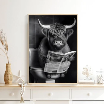 милая забавная корова на холсте унитаза, живопись, жемчужная ванна и винный плакат, черно-белые настенные рисунки для домашнего декора ванной комнаты