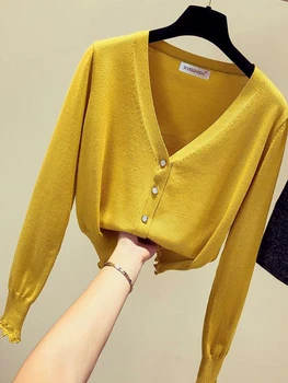 Модные женские свитера 2023 Осень Однобортный укороченный трикотажный кардиган с V-образным вырезом Пальто Топ с длинным рукавом Женская одежда