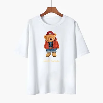  Мужские футболки с коротким рукавом Лето Принт Белый T Funny Bear Funny Bear Harajuku Style Хлопковые топы y2k Streetwear Повседневная футболка Мужская одежда