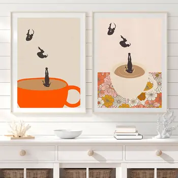 мультяшный прыжок в кофейный напиток принты ретро поп-арт кофейная чашка плакат настенное искусство холст картина для современной кухни кафе декор