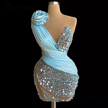 Небесно-голубые коктейльные платья Футляр V-образный вырез Короткие мини-пайетки Платья Homecoming Haute Couture