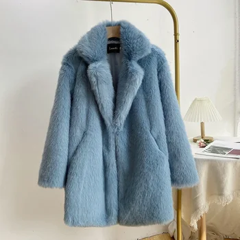 Новая зимняя куртка Женщины 2022 Толстое теплое пальто Лацкан Мода Имитация меха Свободная средняя длина Искусственная меховая шуба Женская одежда
