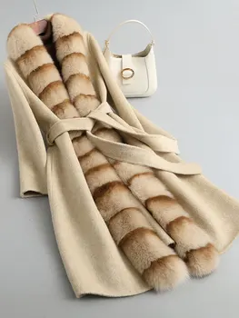 Новое высококачественное флисовое пальто из альпаки со съемным меховым воротником, двусторонним шерстяным поясом средней длины для похудения