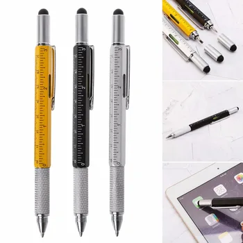  Новый 6 в 1 Металлическая ручка Многофункциональный инструмент Шариковая ручка Отвертка Линейка Spirit Level для школьных офисных ручек Расходные материалы C26