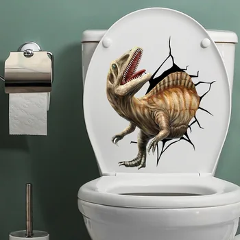Новый Наклейки на унитаз с динозавром, ломающий стены, Креативное украшение ванной комнаты можно удалить с самоклеящейся бумаги