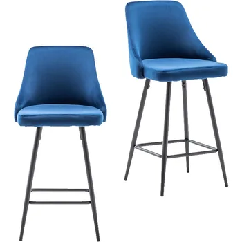  Обеденная обивка премиум-класса 25 дюймов с высокой высотой сиденья, барные стулья с высокой спинкой, набор из 2 штук Blue Velvet