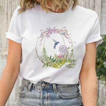  Печатная мода Женская одежда с цветочным рисунком Женская повседневная универсальная футболка с коротким рукавом Акварельный цветок 90-х годов.