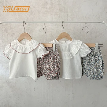 Повседневная детская футболка с коротким рукавом и чистым цветом + шорты с печатью Комплекты одежды Лето Девочки Детская одежда Костюм