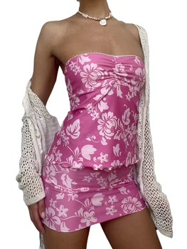  Подходящие комплекты юбок для женщин Ребристые трикотажные топы-бандо без бретелек Облегающая мини-юбка Набор из 2 предметов Летние наряды