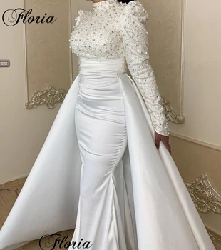 Простые белые выпускные платья русалки со съемным шлейфом Длинные рукава Платья для помолвки Жемчуг Вечерние платья Vestidos de Noche