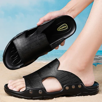 Простые повседневные тапочки Мужские тапочки Летние пляжные туфли с мягким носком Шлепанцы из натуральной кожи Повседневные нескользящие сандалии 38-50