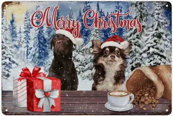 Рождественская собака Зимние снежные деревья Счастливого Рождества Шебби Шик Металлические знаки Винтаж Крытый На открытом воздухе Рождественская собака Metalv