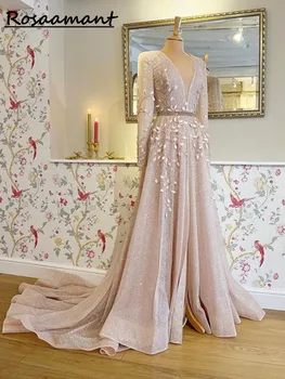 Розовое свадебное платье в стиле бохо с длинным рукавом Винтаж V-образный вырез Кружевное свадебное платье из тюля Bohemian Vestidos De Novia