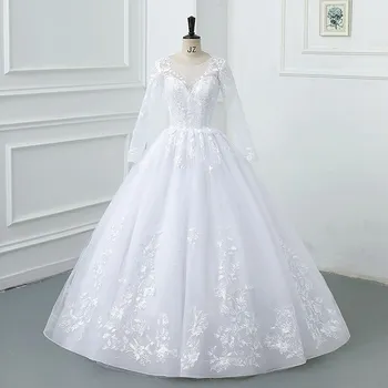 Роскошная принцесса Сексуальное свадебное платье с V-образным вырезом Бальное платье с длинным рукавом Прозрачная аппликация Кружевное свадебное платье Большие размеры
