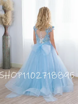 Светло-голубое роскошное платье для цветочницы с бантом принцесса свадебное платье для элегантного ребенка рождественский подарок причастие