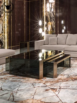  Светлый роскошный итальянский квадратный размер из закаленного стекла комбинации из нержавеющей стали, гостиная, современный простой чайный стол