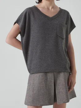 Свитер для женщин 2023 Новый карман из шерсти из смеси шелка Бисероплетение V-образным вырезом Свободный повседневный тонкий пуловер