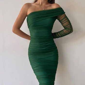 Сексуальное платье для вечеринок с диагональным вырезом и открытой спиной, женское модное сетчатое платье на одно плечо с длинным рукавом, элегантное темпераментное тонкое однотонное платье