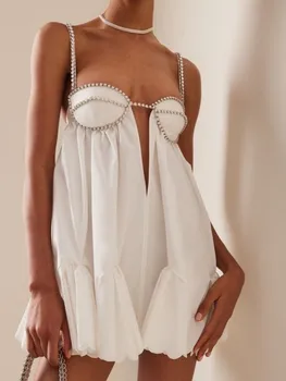 Сексуальное плиссированное с дрелью цепочкой твердое платье для женщин Модные платья с открытой спиной и подтяжками без рукавов 2023 Grace Club Party Vestidos