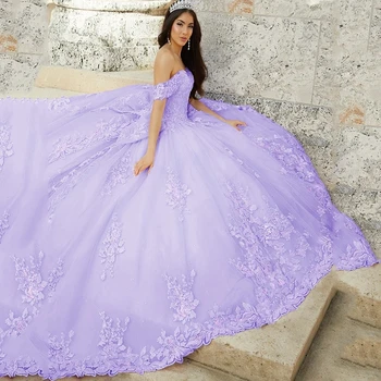 Сиреневый Принцесса Quinceanera Платья Бальное платье с открытыми плечами Аппликации из тюля Sweet 16 Платья 15 Años Мексиканская