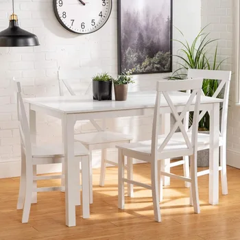  Современный деревянный деревянный обеденный стол на 4 человека с 4 стульями для кухни столовой, 48 дюймов, белый