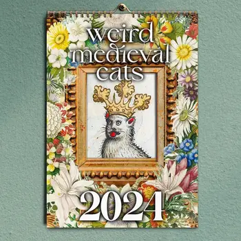Странный средневековый календарь кошек на 2024 год Декоративный подвесной веселый ежемесячный календарь с изображениями кошек Художественные украшения для комнаты для дома
