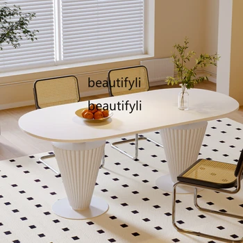 французский кремовый стиль каменная тарелка овальный обеденный стол маленькая квартира дом чистый белый обеденный стол с римской колонной